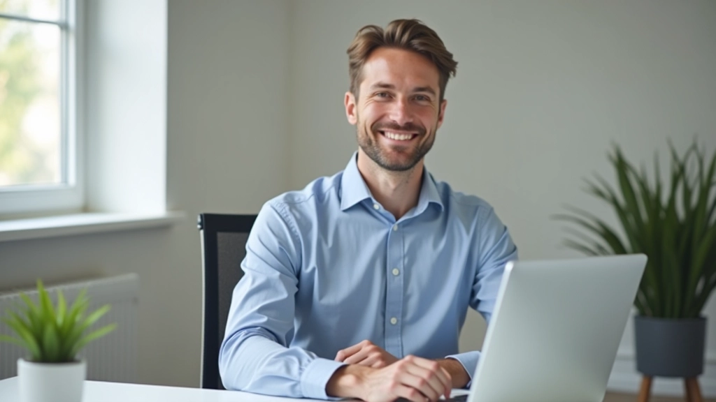 Kalme professioneel aan bureau met georganiseerde workspace en duidelijke focus op werk