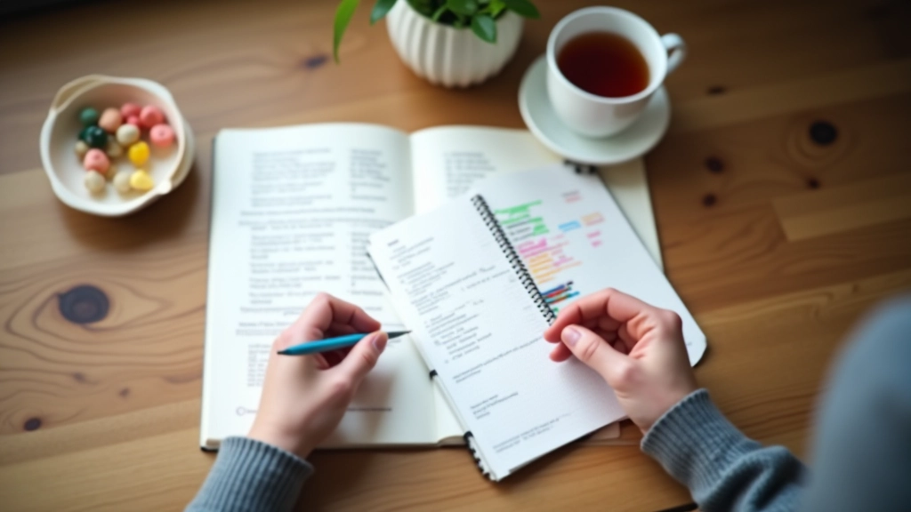 Persoon die een handgeschreven matrix invult met kleurenpennen aan een houten tafel met kopje thee
