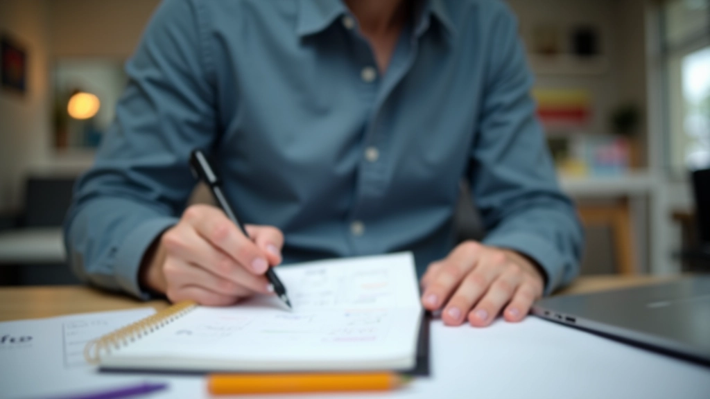 Persoon plannen van week in notitieboek met kleurgecodeerde markers en schema's