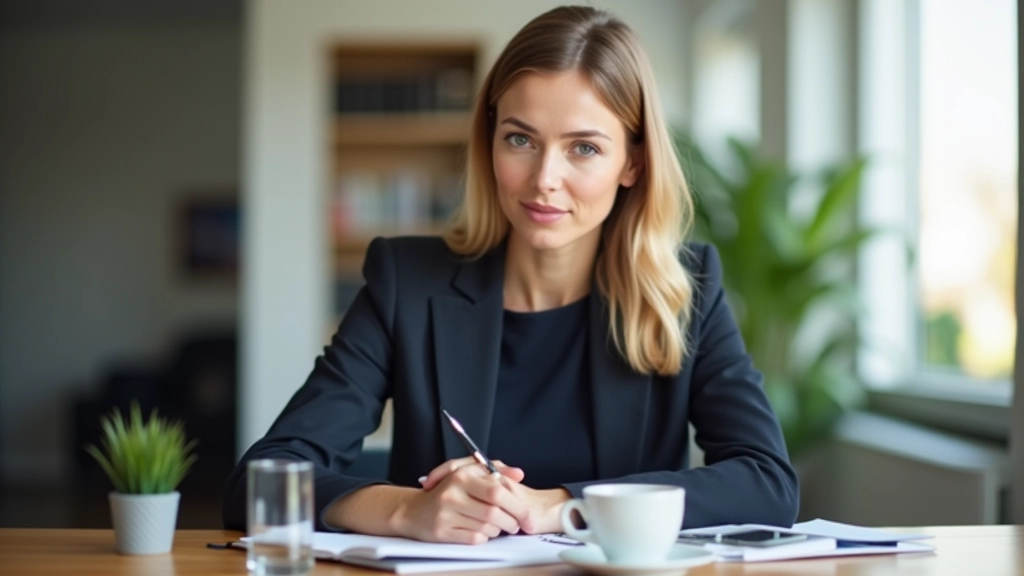 Professionele vrouw aan haar bureau met notitieboek en koffie, gefocust op strategisch werk
