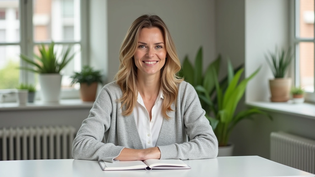 Vrouw die ontspannen aan het werk is op haar bureau in een rustige kantooromgeving met natuurlijk licht