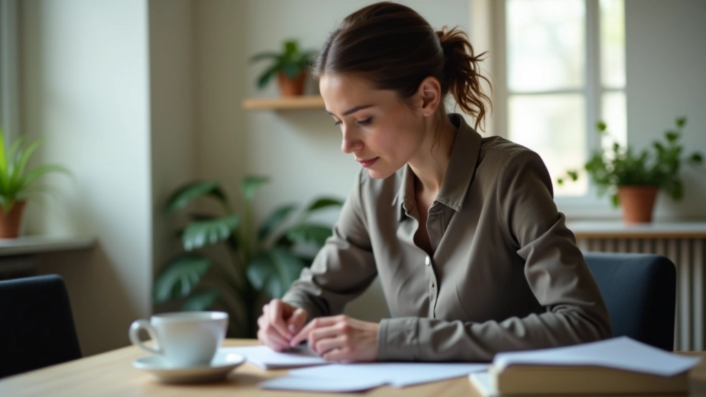 Professionele vrouw werkt gefocust aan haar bureau met koffie