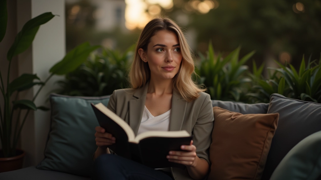 Professionele vrouw zit ontspannen op een bank met een boek in een modern interieur